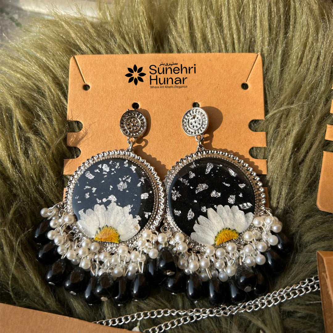 Black Resin Daisy Drop Earrings
