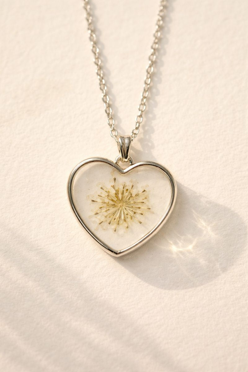 Silver Dandelion Resin Heart Pendants