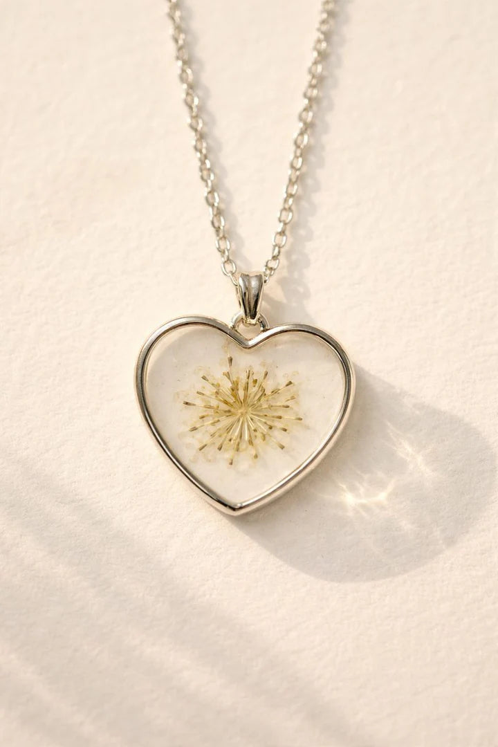 Silver Dandelion Resin Heart Jewelry Set – Pendant & Earrings