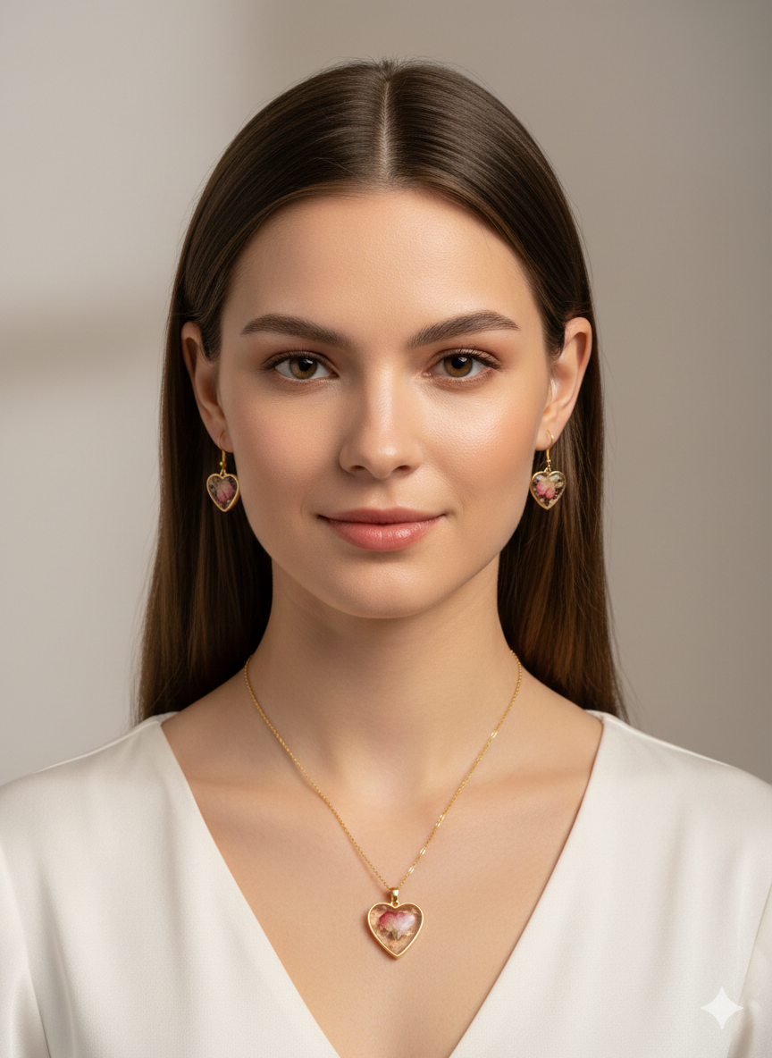 Golden Rose Resin Heart Jewelry Set – Pendant & Earrings