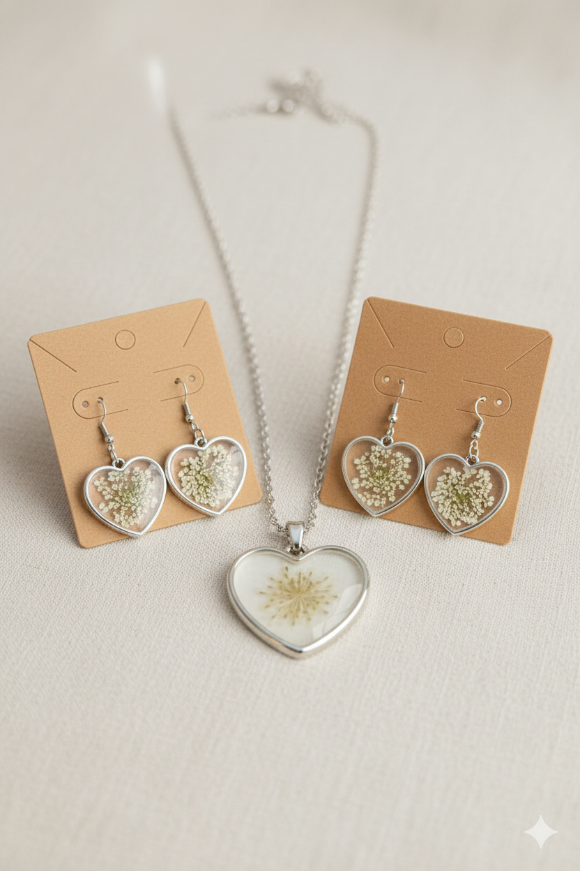 Silver Dandelion Resin Heart Jewelry Set – Pendant & Earrings