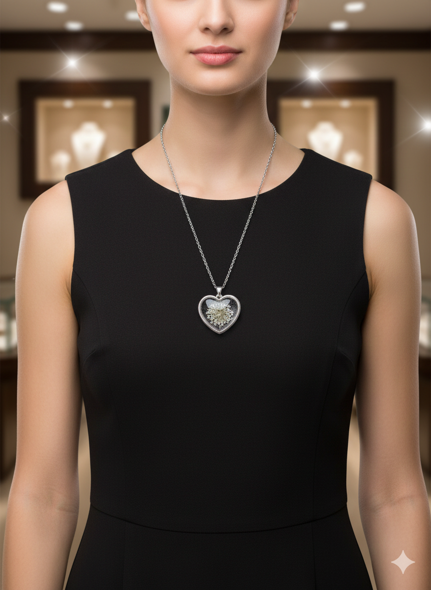 Silver Dandelion Resin Heart Pendants