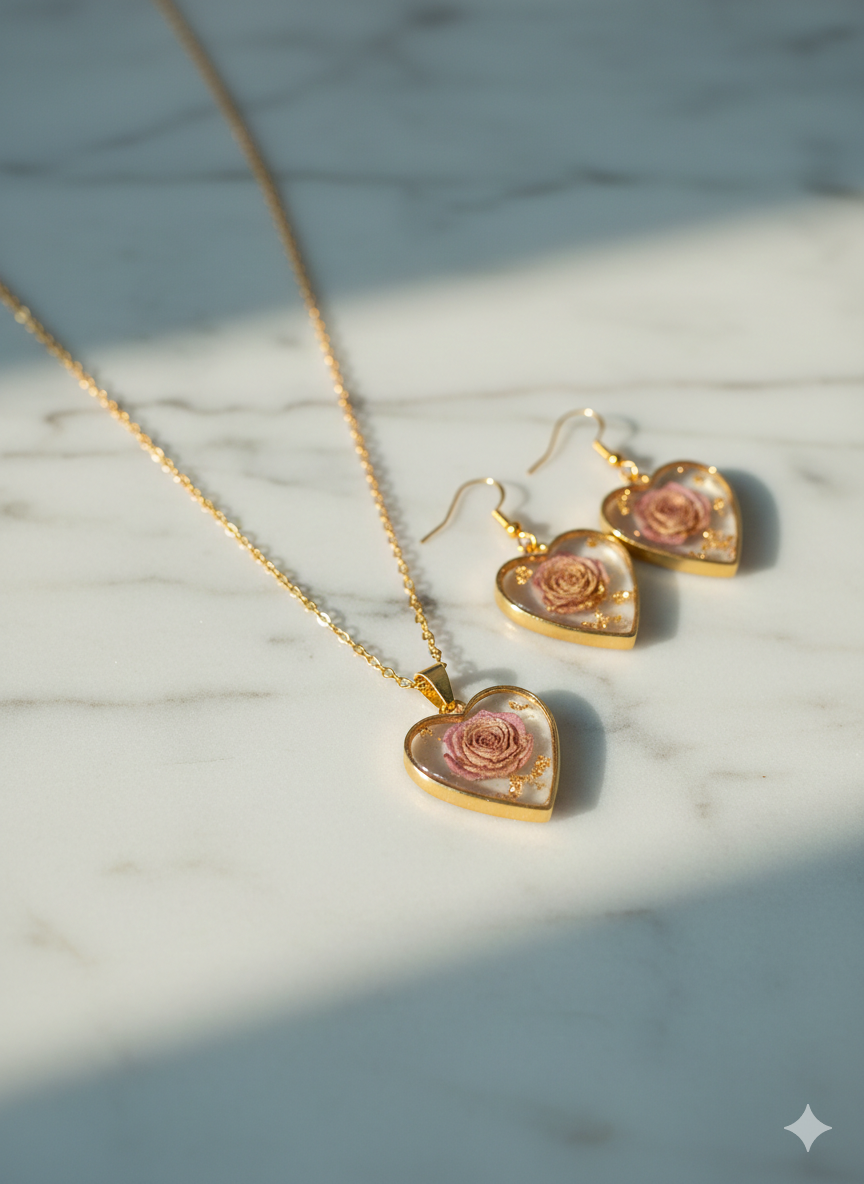 Golden Rose Resin Heart Jewelry Set – Pendant & Earrings