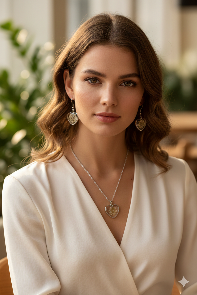 Silver Dandelion Resin Heart Jewelry Set – Pendant & Earrings