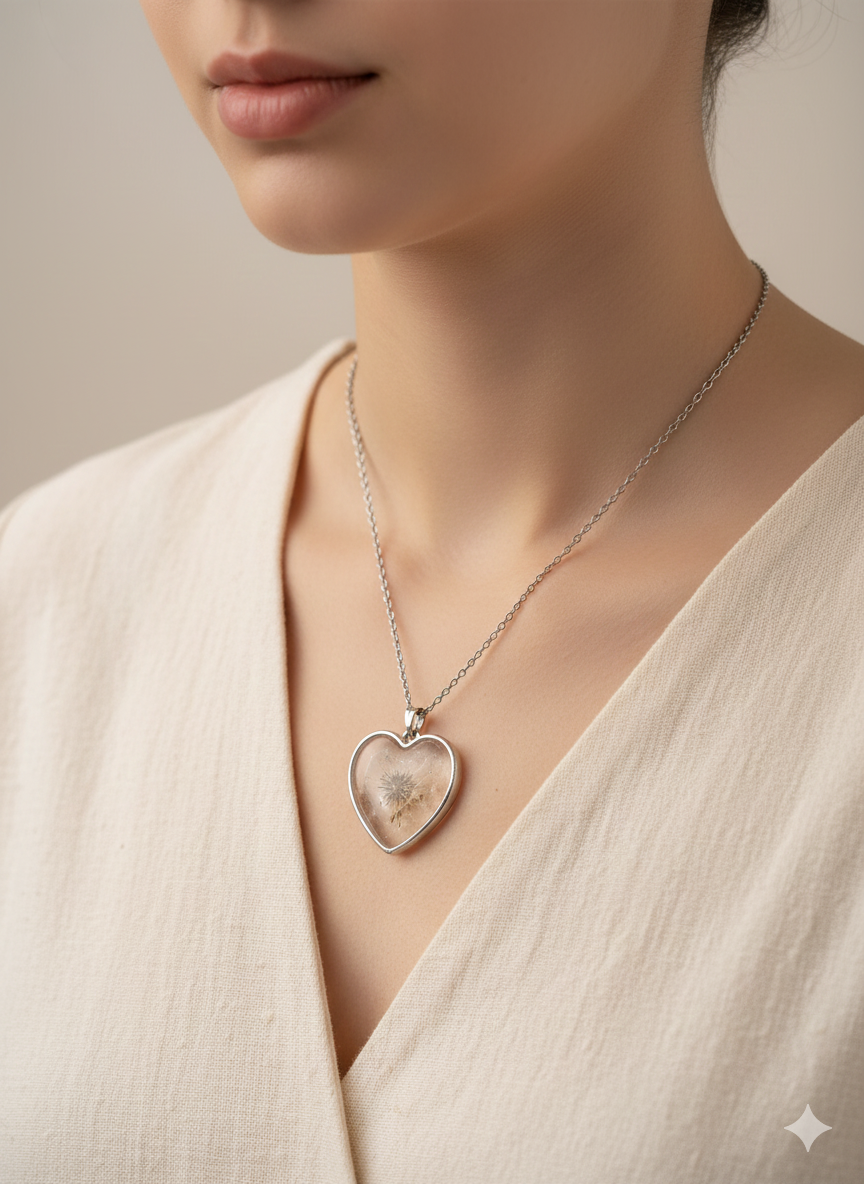Silver Dandelion Resin Heart Pendants