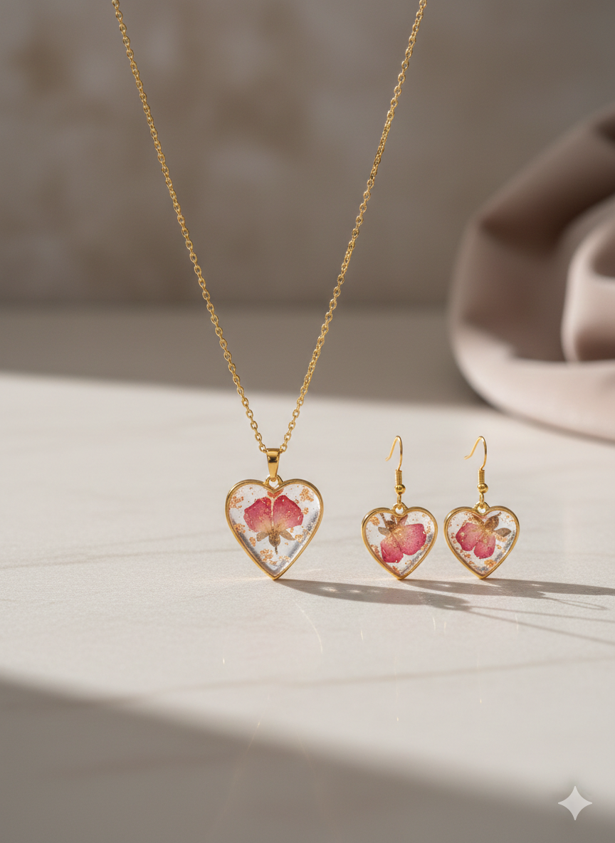 Golden Rose Resin Heart Jewelry Set – Pendant & Earrings