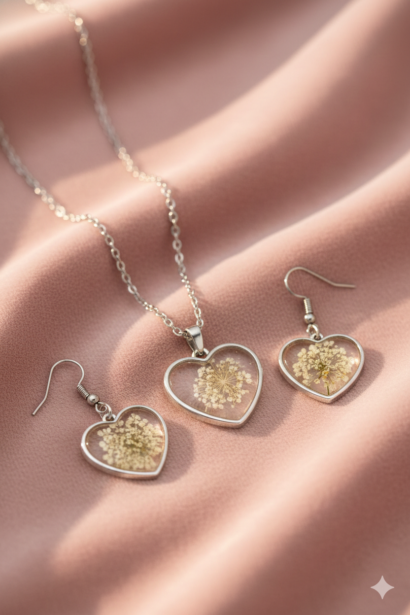 Silver Dandelion Resin Heart Jewelry Set – Pendant & Earrings