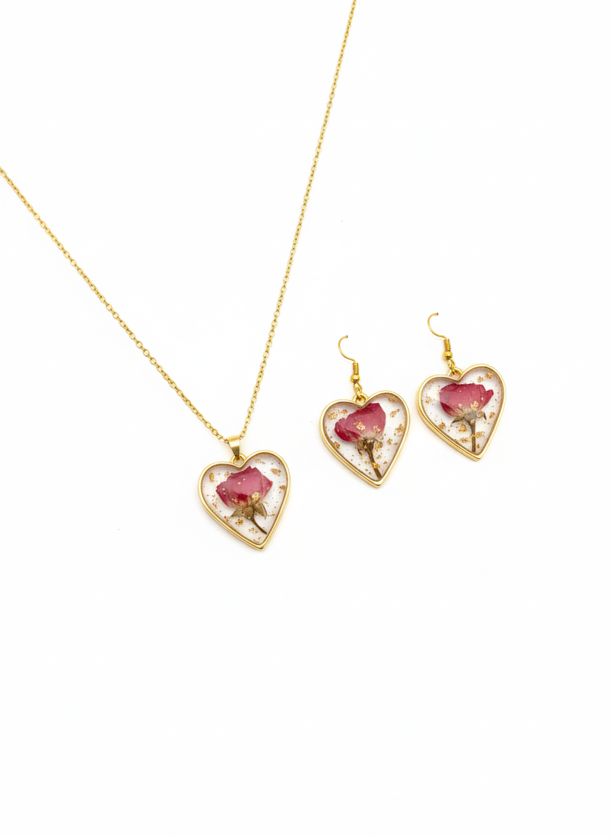 Golden Rose Resin Heart Jewelry Set – Pendant & Earrings