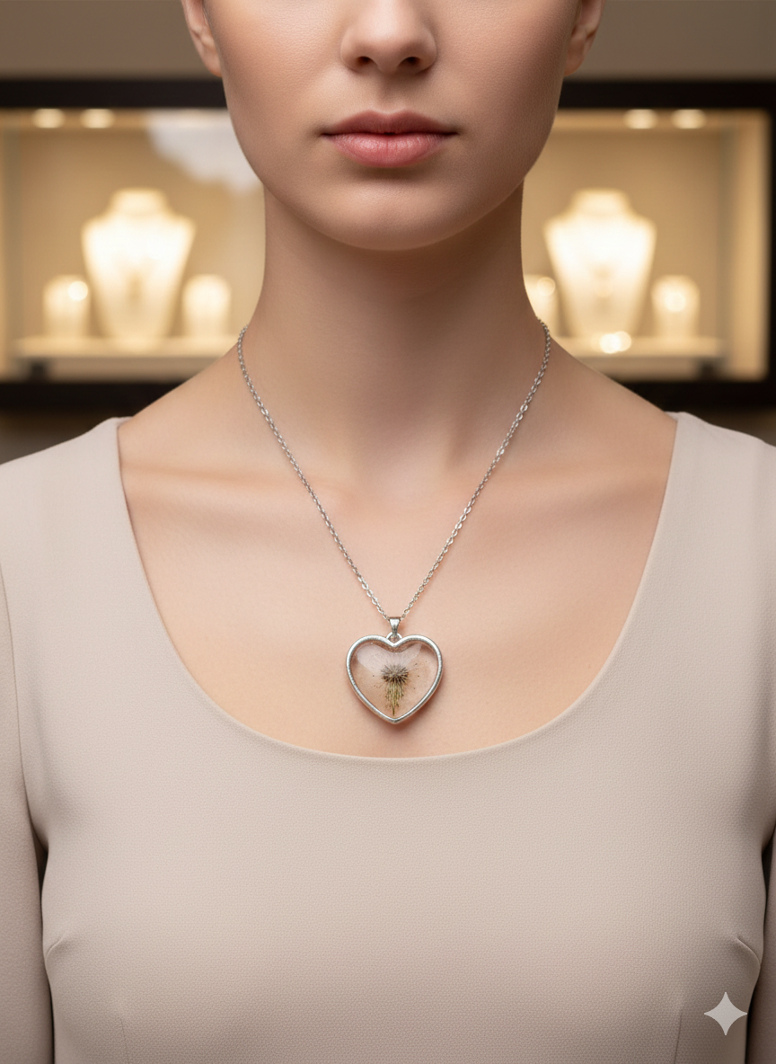 Silver Dandelion Resin Heart Pendants