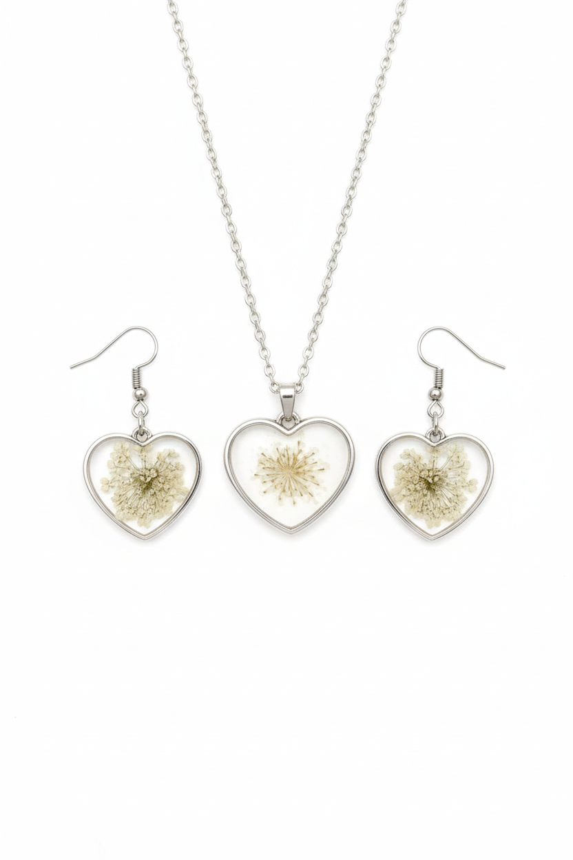 Silver Dandelion Resin Heart Jewelry Set – Pendant & Earrings